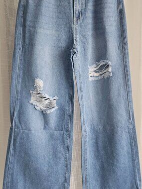Women Ripped Cutout High Waist Wide Leg Denim Jeans Light Wash Size US 8/10 NEW